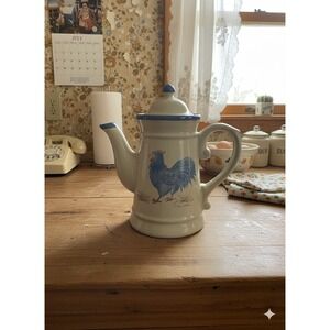 Vintage 1983 Jacaman Pottery Blue Rooster Teapot with Lid 9" Tall